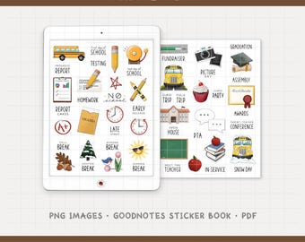 May include: Digital planner stickers with school-themed illustrations. Includes images of a school bus, pencils, report cards, and other school-related icons. The text "SCHOOL YEAR" is at the top. The bottom text says "DIGITAL PLANNER STICKERS".