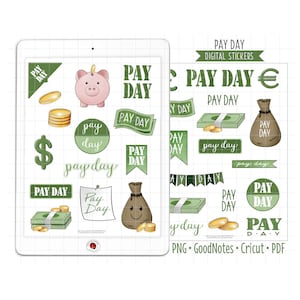 Pay Day Digital Planner Stickers, GoodNotes Stickers, Pre-Cropped PNG, Printable PDF, Money, Savings, Finance, Banking, Journal Stickers