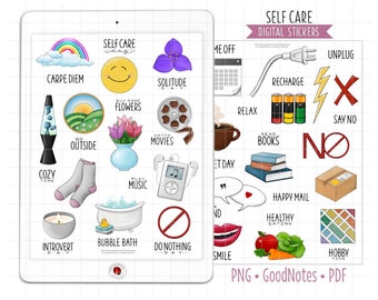 Self Care Digital Planner Stickers, Me Time GoodNotes Stickers, Pre-Cropped PNG, Printable PDF, Time Off, Cozy Introvert Journal Stickers