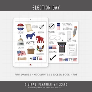 Op de afbeelding: Digitale planner stickers met een verkiezingsthema. De stickers bevatten illustraties van een stembus, het Amerikaanse Capitool, een Amerikaanse vlag, een ezel, een olifant en de tekst "VOTE". De woorden "Election Day" staan bovenaan.