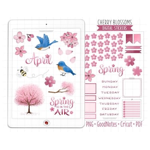 Spring Cherry Blossoms Digital Planner Stickers, April Monthly Kit, GoodNotes Stickers, Pre-Cropped PNG, Printable PDF, Journal Stickers
