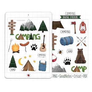 Camping Digital Planner Stickers, GoodNotes Stickers, Pre-Cropped PNG, Printable PDF, Summer Camp Journal Stickers, Outdoor Recreation