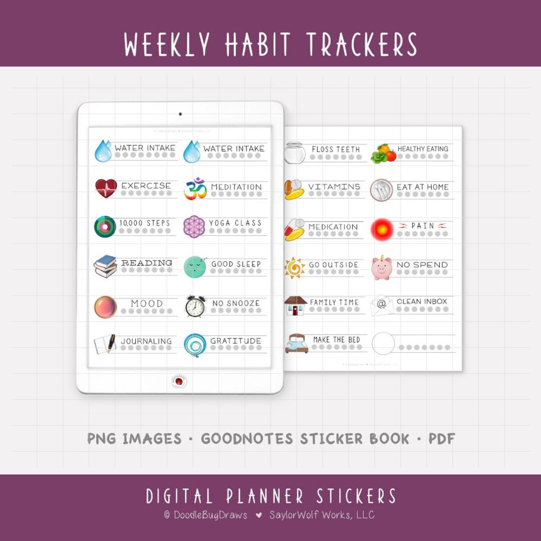 Weekly Habit Tracker Digital Planner Stickers - Self Care & Healthy ...