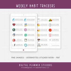 Może przedstawiać: Cyfrowe naklejki do planera z napisem "WEEKLY HABIT TRACKERS". Naklejki zawierają ikony dla nawyków takich jak picie wody, ćwiczenia, medytacja, czytanie, nastrój, prowadzenie dziennika i inne. Zaprojektowane dla GoodNotes, dostępne w PNG i PDF.
