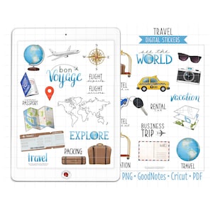 Reise-Digital-Planer-Aufkleber, GoodNotes-Aufkleber, zugeschnittene PNG, druckbare PDF, Urlaub, Geschäftsreise Flug Hotel, Journal-Aufkleber