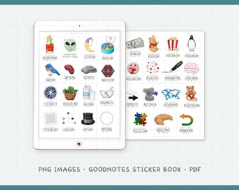 Könnte beinhalten: Digitale Planer-Aufkleber mit skurrilen Illustrationen für "Verrückte Januar-Feiertage". Enthält Symbole für Bloody Mary, Sleep Day, Trivia Day, Pooh Day und mehr. Erhältlich als PNG-Bilder, ein GoodNotes-Aufkleberbuch und PDF.