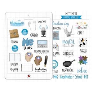 Adesivos para planejador digital Me Time, adesivos GoodNotes para o dia da saúde mental, PNG pré-cortado, PDF para impressão, adesivos para diário de autocuidado e folga