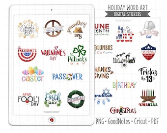 Annual Holidays Digital Planner Stickers, GoodNotes Stickers, Pre-Cropped PNG, Printable PDF, Yearly Calendar Icons Journal Stickers