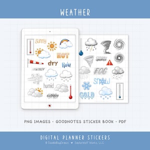 May include: Digital planner stickers featuring weather-related illustrations. Includes icons for sunny, hot, rainy, and stormy conditions, plus temperature gauges. The word "WEATHER" is at the top. The bottom text says "DIGITAL PLANNER STICKERS".