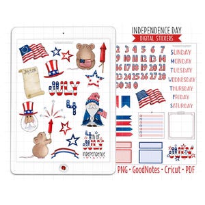 4th of July Digital Planner Stickers Monthly Kit, GoodNotes Stickers, Pre-Cropped PNG, Printable PDF, USA Independence Day Journal Stickers