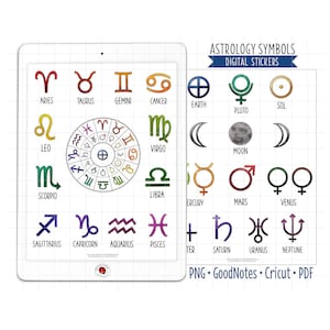 Naklejki do cyfrowego planera z symbolami astrologii, naklejki GoodNotes, wstępnie przycięte pliki PNG, wydrukowany plik PDF, horoskop, znaki zodiaku, naklejki do dziennika