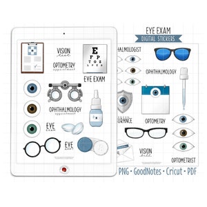 Eye Exam Digital Planner Stickers, Optometrist GoodNotes Stickers, Pre-Cropped PNG, Printable PDF, Vision Health, Eye Care Journal Stickers