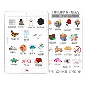 Febrero Wacky Holidays Digital Planner Pegatinas, Divertidas pegatinas GoodNotes del Día Nacional, PNG prerecortado, PDF imprimible, Pegatinas de diario