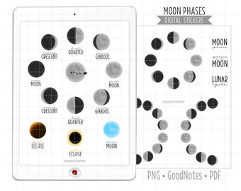 Moon Phases Digital Planner Stickers, GoodNotes Stickers, Full Moon Pre-Cropped PNG, Printable PDF, Lunar Cycle, Celestial Journal Stickers