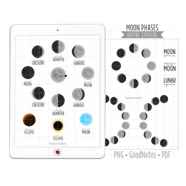 Moon Phases Digital Planner Stickers, GoodNotes Stickers, Full Moon Pre-Cropped PNG, Printable PDF, Lunar Cycle, Celestial Journal Stickers