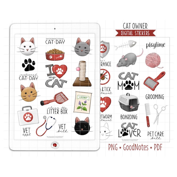 Cat Owner Digital Planner Stickers, GoodNotes Stickers, Pre-Cropped PNG, Printable PDF, Pet Care, Cat Lover, Vet Reminders, Journal Stickers