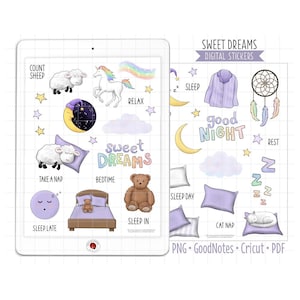 Sleep Digital Planner Stickers, Sweet Dreams, GoodNotes Stickers, Pre-Cropped PNG, Printable PDF, Nap, Bedtime, Good Night Journal Stickers