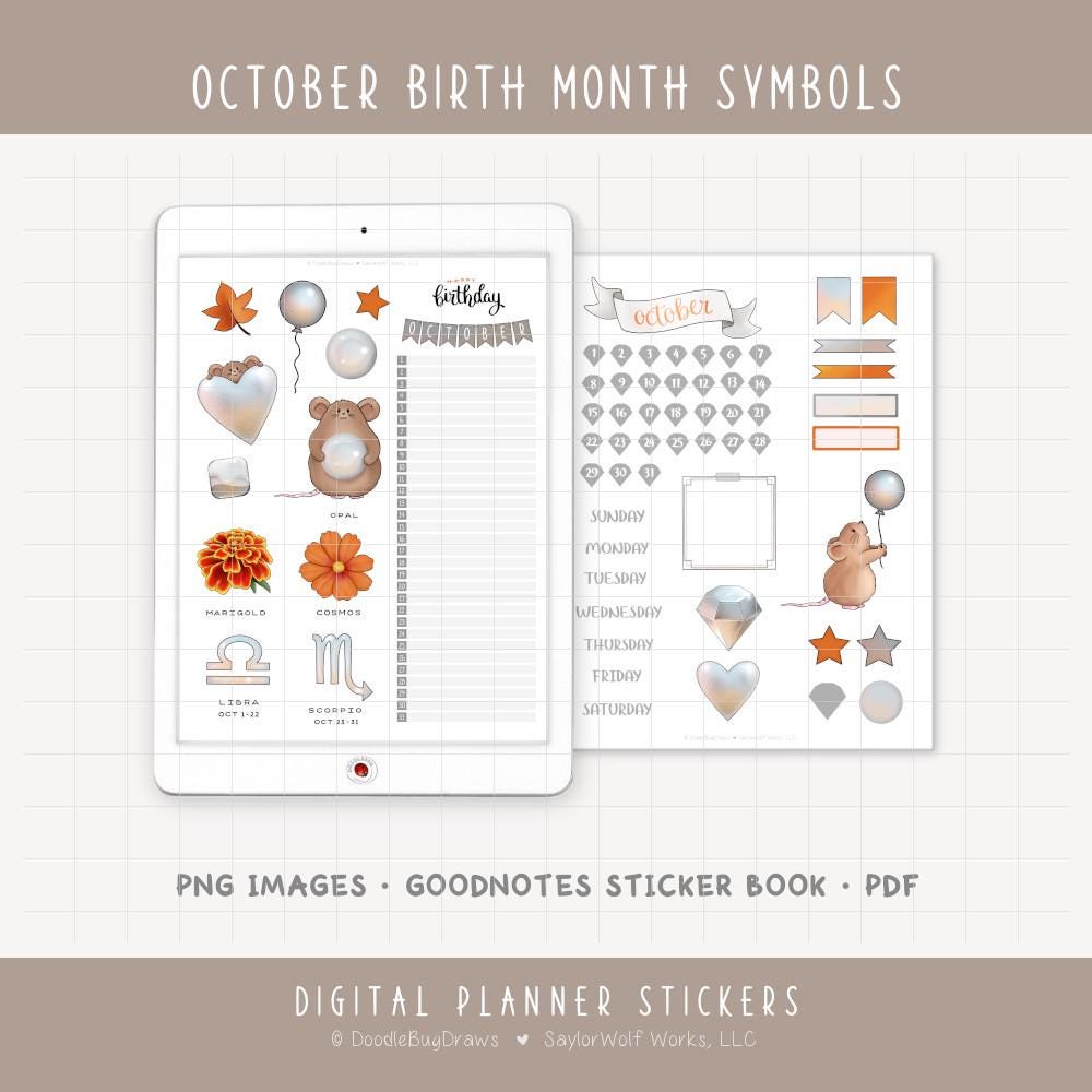 October Birth Shape October Birth Month Symbols - Monthly Digital Planner Sticker Kit ...