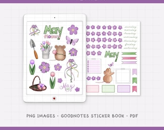 Puede incluir: Pegatinas digitales para planificador con temática floral. La imagen presenta una tableta que muestra varias ilustraciones, incluyendo flores moradas, una regadera, una cesta de huevos y un lindo ratón. El texto "May Flowers" está en la parte superior.