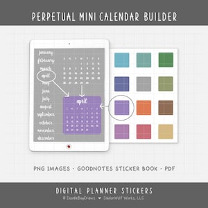 May include: Digital planner stickers with a perpetual mini calendar builder. The image shows a tablet with a calendar and a selection of colorful square stickers. The text on the image includes "April" and "PNG Images".