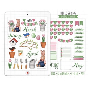 Frühling Digitale Planer Aufkleber, März April Mai Monatliches Kit, GoodNotes Aufkleber, zugeschnittene PNG, druckbare PDF, Tulpen Journal Aufkleber