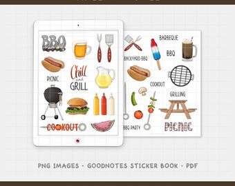 Cookout digitale plannerstickers - picknick, grillen, BBQ-voedselpictogrammen (PNG, GoodNotes, pdf)