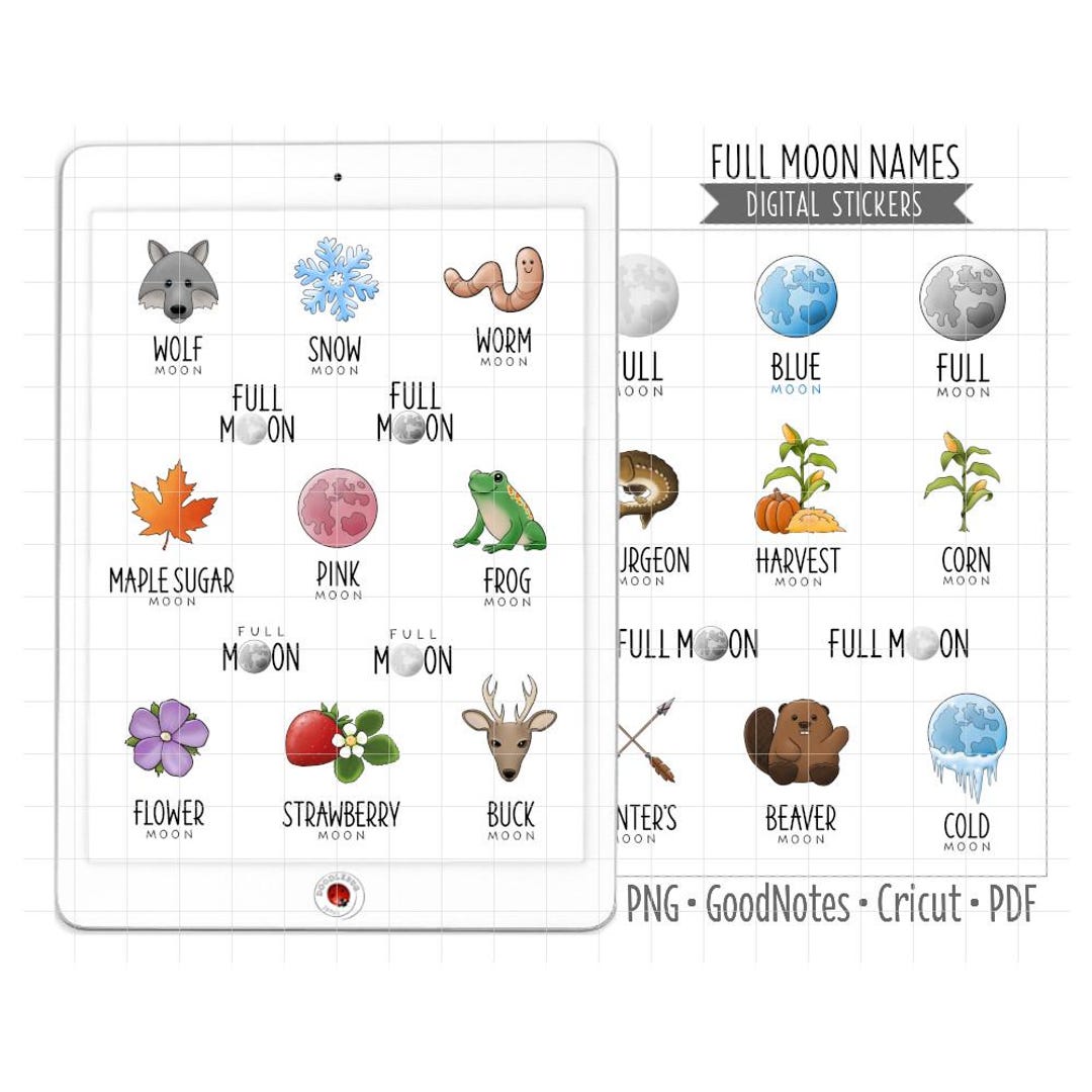 Moon Name Labels Full Moon Names Digital Planner Stickers - Lunar Cycle Icons (PNG ...