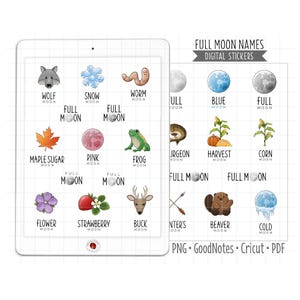 Full Moon Names Digital Planner Stickers - Lunar Cycle Icons (GoodNotes, PNG, Cricut, Printable PDF)