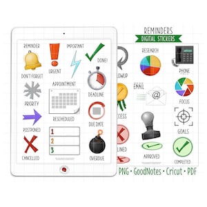 May include: A set of 18 digital stickers for use in digital planners or note-taking apps. The stickers are colorful and feature icons for reminders, appointments, deadlines, goals, and more. The text "REMINDERS DIGITAL STICKERS" is at the top of the image.