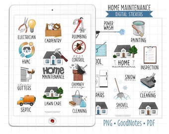 Home Maintenance Digital Planner Stickers, GoodNotes Stickers, Pre-Cropped PNG, Printable PDF, Household Chores, Homeowner Journal Stickers