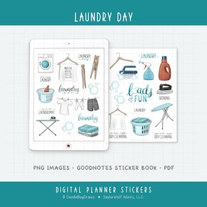 May include: Digital planner stickers with a laundry theme. The image features illustrations of laundry-related items such as a washing machine, clothesline, iron, and laundry basket. Text includes "Laundry Day" and "Laundry of Fun."