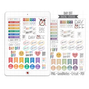 May include: A digital sticker sheet with colorful illustrations of the phrase "Day Off" in various styles. The sheet includes banners, circles, and flags with different designs, including a smiley face, a heart, and a clock with an X through it.