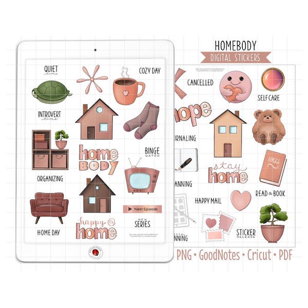 Homebody Digital Planner Stickers - Cozy Introvert Icons (GoodNotes, PNG, Cricut, Printable PDF)