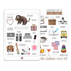May include: Digital stickers for a planner or bullet journal. The stickers feature illustrations of everyday activities, such as crafting, voting, studying, and going to the salon. The stickers are in a variety of colours and styles.