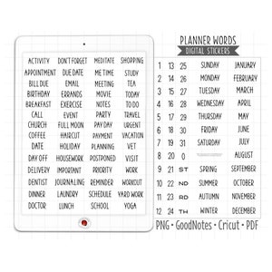 Planner Words & Numbers Digital Planner Stickers, GoodNotes Stickers, PNG, Printable PDF, Calendar and Journal Stickers