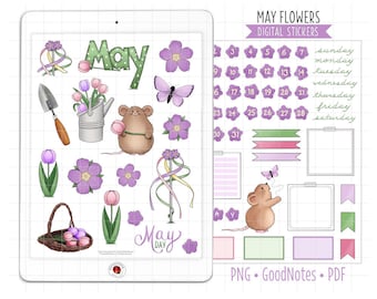 May Flowers Digital Planner Stickers Monthly Kit, GoodNotes Stickers, Pre-Cropped PNG, Printable PDF, Spring Journal Stickers