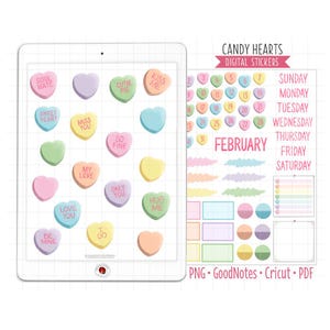 Candy Hearts Digital Planner Stickers - February Calendar Theme (GoodNotes, PNG, Cricut, Printable PDF)