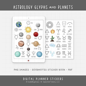 May include: Digital planner stickers featuring astrology glyphs and planets. The image includes a tablet displaying planetary symbols and zodiac signs, alongside a separate sheet with additional astrological icons. The text reads "ASTROLOGY GLYPHS AND PLANETS" and "DIGITAL PLANNER STICKERS".