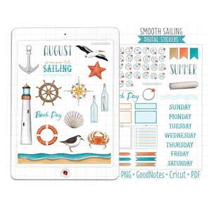 Beach Day Digital Planner Stickers, August Monthly Kit, GoodNotes Stickers, Pre-Cropped PNG, Printable PDF, Nautical Journal Stickers