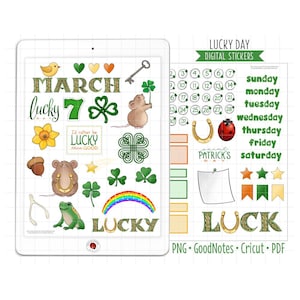 Puede incluir: Pegatinas digitales para planificadores y diarios con temática del Día de San Patricio. Las pegatinas incluyen tréboles, una herradura, un arcoíris, un duende, un ratón, un amuleto de la suerte y el texto "March 7, Lucky Day, I'd rather be lucky than good, Lucky, Luck, Saint Patrick's Day, Sunday, Monday, Tuesday, Wednesday, Thursday, Friday, Saturday".
