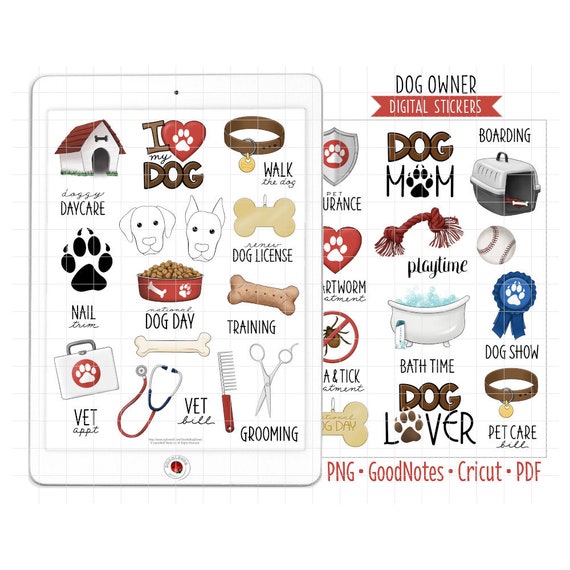 Dog Owner Digital Planner Stickers - Pet Care Reminder Icons (GoodNotes, PNG, Cricut, Printable PDF)