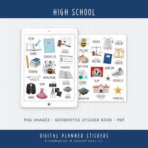 May include: Digital planner stickers with a high school theme. The image includes illustrations of school-related activities such as studying, exams, prom, graduation, and sports. The text on the image says "HIGH SCHOOL" and "DIGITAL PLANNER STICKERS".