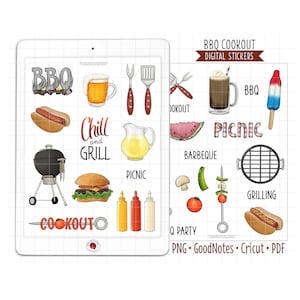 Puede incluir: Un conjunto de pegatinas digitales con ilustraciones de varios artículos con temática de barbacoa y picnic, incluyendo una parrilla, perritos calientes, hamburguesas, sandía, una cesta de picnic y un vaso de cerveza de raíz. El texto "BBQ Cookout Digital Stickers" está en la parte superior de la imagen.