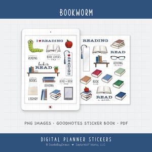May include: Digital planner stickers with a bookworm theme. The stickers include illustrations of books, reading-related items, and text such as "Books to Read" and "Reading." The color palette is primarily blue, green, and red.