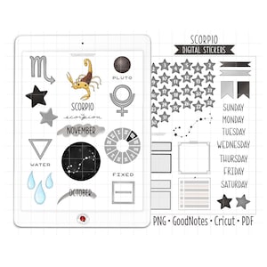 May include: A set of digital stickers featuring the astrological sign Scorpio. The stickers include a scorpion, a star, a water symbol, a circle with Roman numerals, a rectangle, and a calendar with dates for November. The stickers are in black, white, and gray.