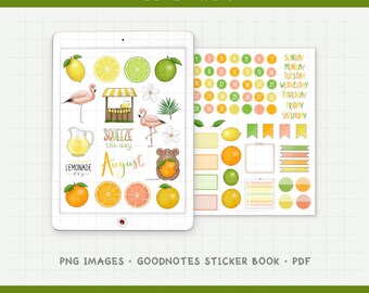 Squeeze the Day - August Monthly Digital Planner Sticker Kit - Lemonade & Citrus (PNG, GoodNotes, PDF)