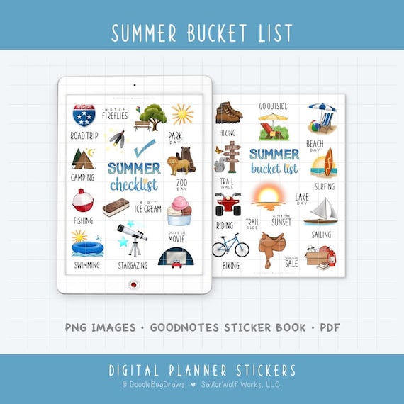 Summer Bucket List Digital Planner Stickers - Fun Seasonal Activity Icons (PNG, GoodNotes, PDF)