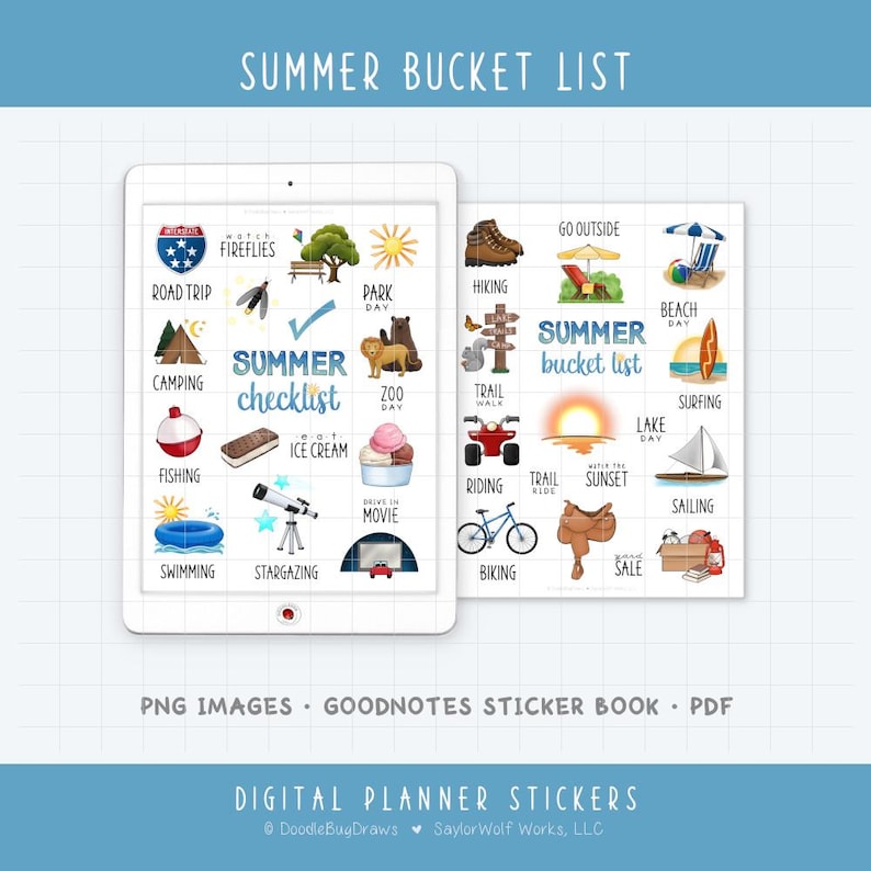 May include: Digital planner stickers featuring a summer bucket list with icons for activities like camping, swimming, and stargazing. The stickers include text such as "Summer Checklist" and "Summer Bucket List". The image also includes the text "PNG Images, Goodnotes Sticker Book, PDF".