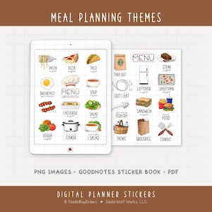 Op de afbeelding: Digitale plannerstickers met thema's voor maaltijdplanning. De afbeelding toont een tablet en een vel papier met illustraties van verschillende gerechten, waaronder pasta, pizza, taco's en biefstuk. De tekst bevat "PNG Images", "Goodnotes Sticker Book" en "PDF".