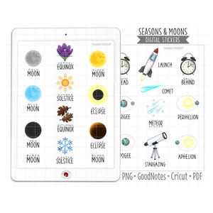 Pegatinas digitales para planificador de estaciones y fases lunares - Iconos de eventos celestiales (PNG, GoodNotes, PDF)